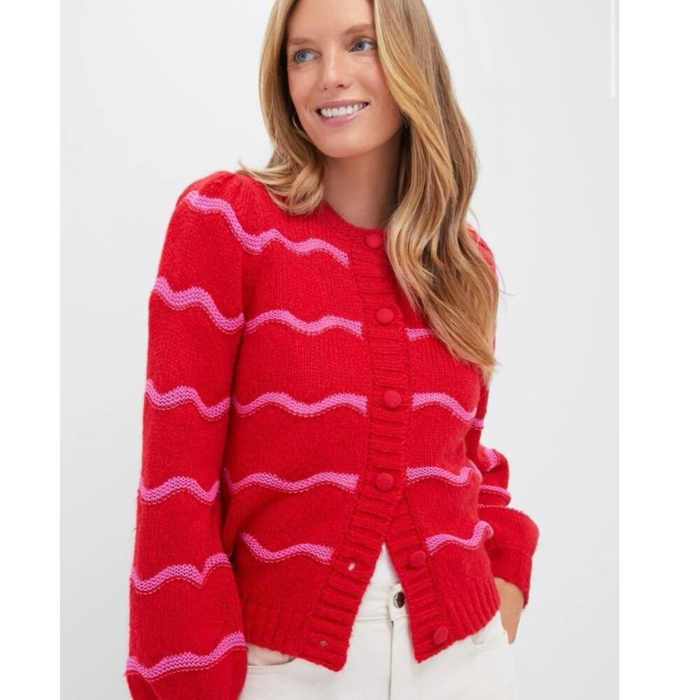 Marled Women’s Red Cardigan with Pink Wave Stripes Size S